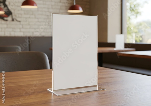 Obraz Empty Acrylic Menu Holder on Wooden Table in Cafe
