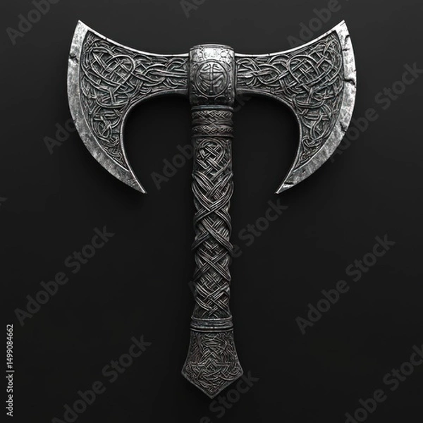 Obraz Ornate double-headed axe, intricately carved metal blade and handle.  Ancient, decorative, medieval weapon