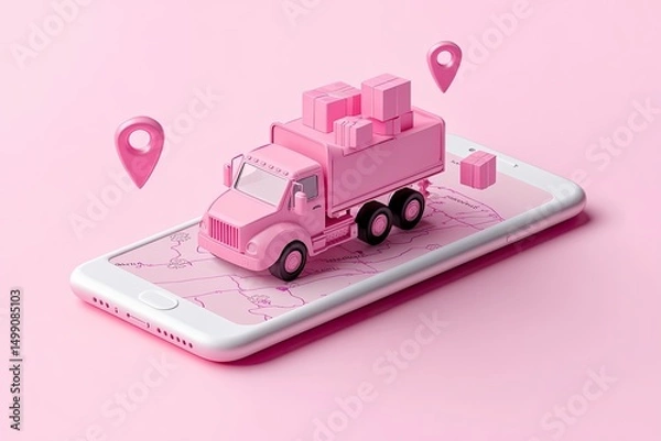 Fototapeta Pink delivery truck model atop a smartphone displaying a map, accompanied by location markers, illustrating online order tracking