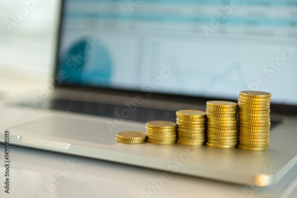 Fototapeta Interest rate and dividend from investing concept. money and return on investment and mutual funds portfolio on screen computer show to finance and investment growth.