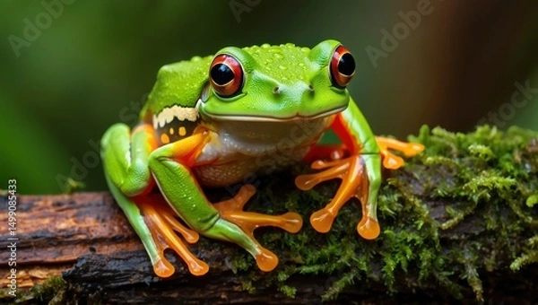 Fototapeta Green frog with orange legs sitting on a mossy branch in the forest