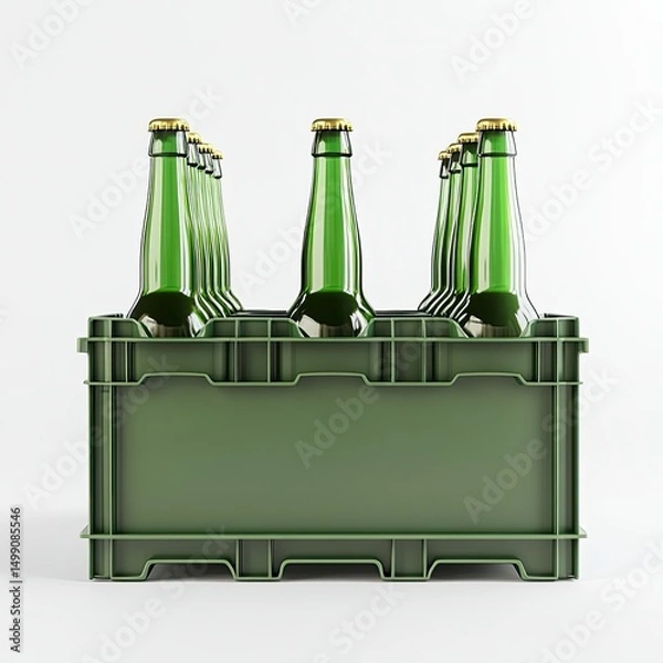 Fototapeta Twelve green glass bottles with gold tops, nestled in a dark-green plastic crate, set against a stark white background
