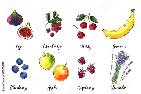 Fototapeta Watercolor drawing food sketch. Farm food, healthy food. Fruits and berries. Figs, cranberries, cherries, apples