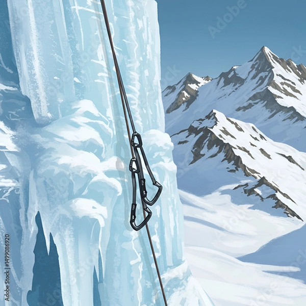 Obraz Ice Climbing Gear Secured on Frozen Mountain Face