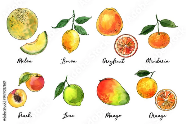 Fototapeta Watercolor drawing food sketch. Farm food, healthy food. Fruits and berries. Melon, lemon, tangerine, peach, lime, mango, orange