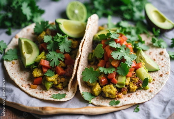 Obraz Two tacos sit on a gray surface, filled with a yellow mixture and topped with tomatoes, greens, and avocado. - Generative AI