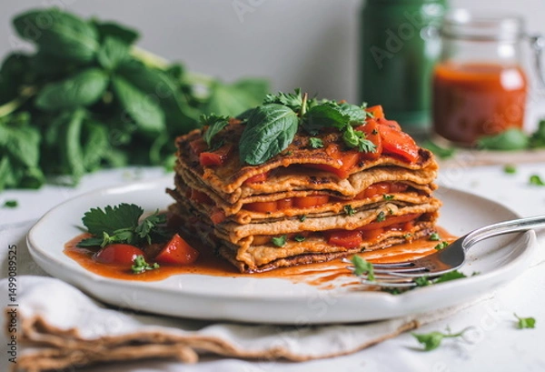 Obraz A layered lasagna sits on a white plate, garnished with fresh tomatoes and basil, with a rustic aesthetic. - Generative AI