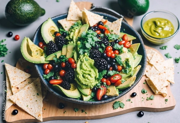 Obraz A vibrant salad bowl overflows with avocado, berries, and tortilla chips, accompanied by a side of green sauce. - Generative AI