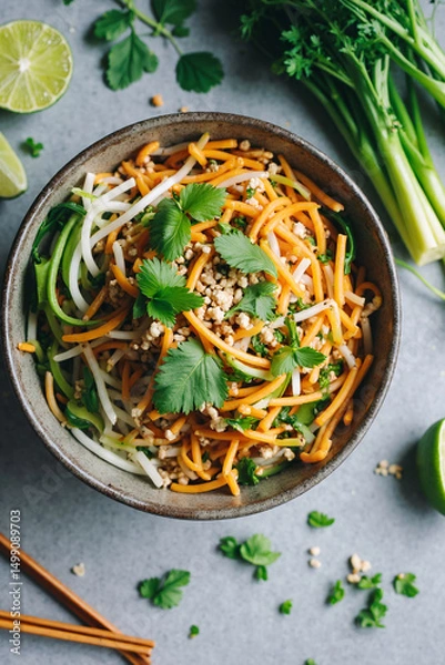 Obraz A vibrant Pad Thai noodle dish sits in a rustic bowl, garnished with herbs and lime, ready to be enjoyed. - Generative AI