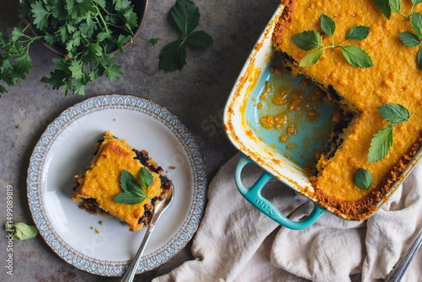 Obraz A baked casserole dish sits on a linen cloth, garnished with fresh mint. A slice is plated nearby with a fork. - Generative AI