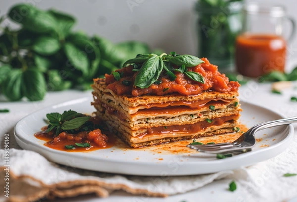 Obraz A slice of lasagna sits on a plate, topped with tomato sauce and basil, with a glass of sauce nearby. - Generative AI