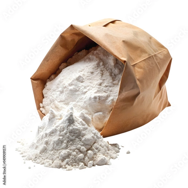 Obraz Open Paper Bag of Flour: An open brown paper bag spilling white flour, natural texture, PNG