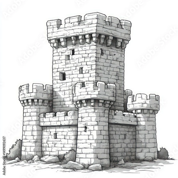 Obraz Medieval stone tower.  Detailed sketch of a fortified structure