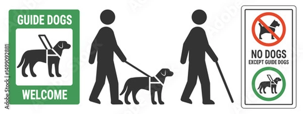 Obraz Guide dog welcome signs. Vector illustration of blind man with guide dog. Service animals and guide dogs allowed and welcome labels and sticker templates. Vector.