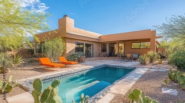 Fototapeta Desert home with pool and patio