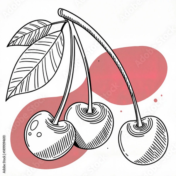 Obraz Cherries with stems in pencil line art style in black and white representing natural simplicity and botanical elegance