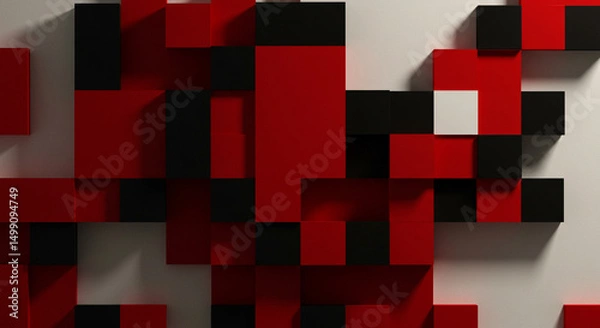 Obraz Geometric Volumetric Illusion: An Abstract Composition of Red and Black Rectangular Forms with Varied Depths in a Dynamic Arrangement