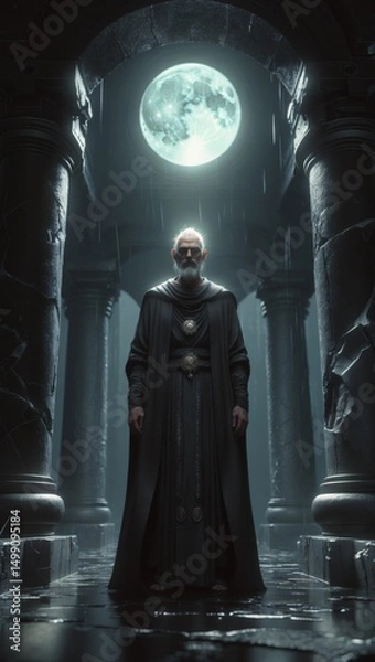 Fototapeta enigmatic figure standing under a luminous full moon within ancient archway at night