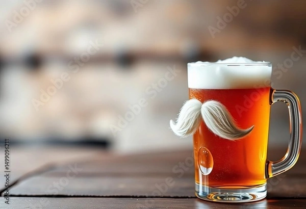Fototapeta Single frosted beer glass, foam mustache, Father's Day,  yeast,  cool