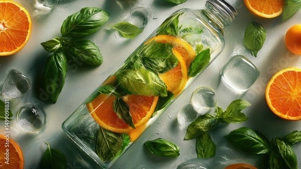 Fototapeta Refreshing Orange and Basil Infused Water in Glass Bottle with Ice Cubes