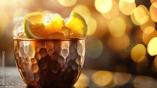 Fototapeta Refreshing Orange Cocktail in Copper Mug with Ice, Golden Bokeh Background