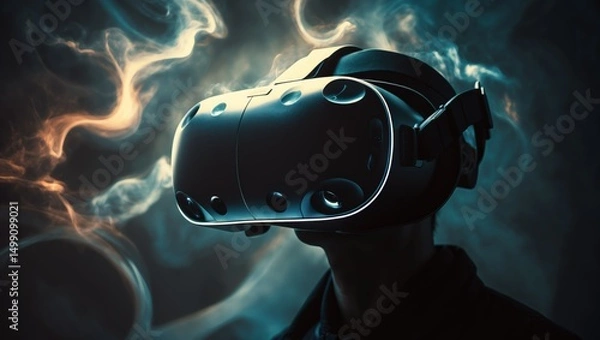 Fototapeta Futuristic Virtual Reality Headset in a Dark Atmosphere with Steam and Smoke Effects