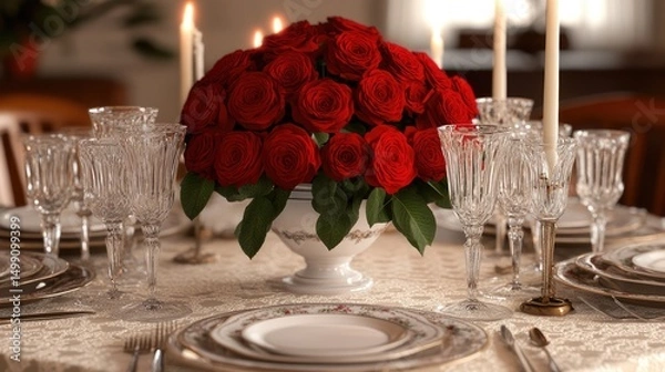Fototapeta Romantic Dinner Table Setting with Red Roses and Crystal Glasses