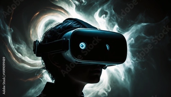 Fototapeta Futuristic virtual reality user engaging with immersive digital environment
