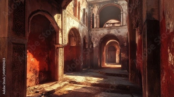 Fototapeta Sunlit Archway in a Deserted Ancient Redstone Building