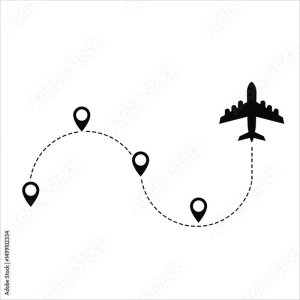 Fototapeta airplane travel location, airplane icon, airplane travel map vector