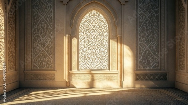 Fototapeta Sunlit Ornate Archway in Beige Room, Intricate Wall Design, Empty Space