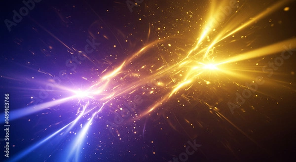 Fototapeta Abstract energy clash concept, with golden and violet luminous beams and sparks colliding in the heart of a surreal ethereal dimension