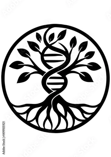 Fototapeta Black and white vector Tree of Life with DNA in the trunk, circular design. Ideal for engraving, logos, prints, and creative projects