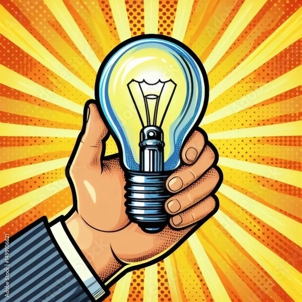 Fototapeta lightbulb bulb idea creative innovation inspiration hand holding pop art illustration concept retro