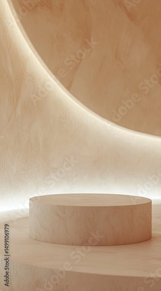 Fototapeta A minimalist beige cylindrical display stand sits on a matching platform, backlit by soft, curved neon lights against a subtly textured marble wall