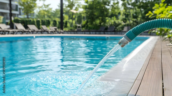 Obraz Refreshing retreat: Hose fills a tranquil turquoise swimming pool near lounge chairs