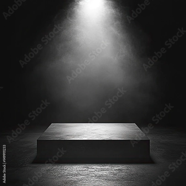 Fototapeta A dark, moody scene featuring a square, grey platform illuminated by a single, bright spotlight amidst swirling fog