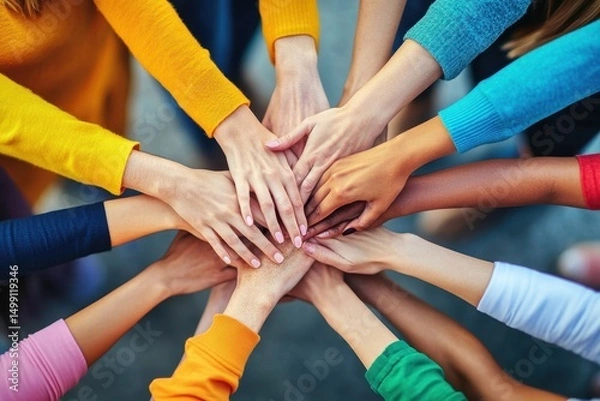 Fototapeta Community unity through diverse hands coming together in a vibrant display of collaboration and support during a local event