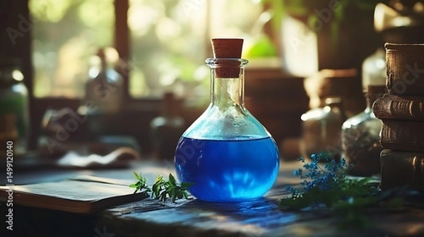 Fototapeta Intricate glass container filled with vivid blue liquid.