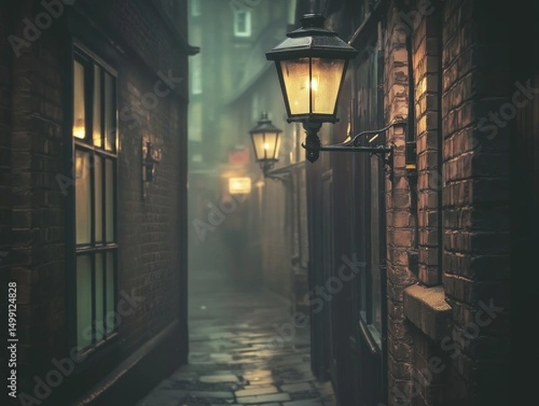 Fototapeta narrow, misty alleyway with old brick buildings and a glowing lantern, creating an eerie and mysterious atmosphere. soft lighting and foggy setting evoke a sense of intrigue and suspense.