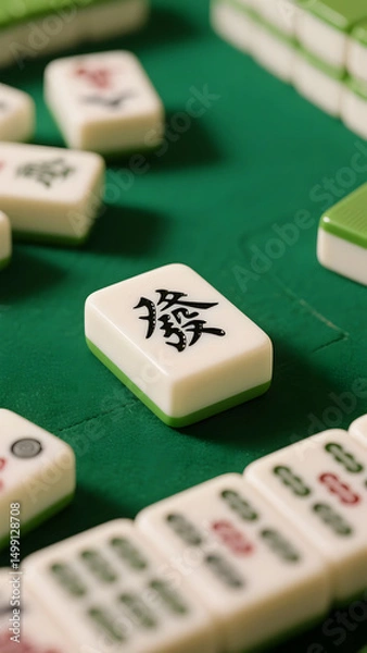 Obraz “Fa” Mahjong tile centered on green table, highlighting the classic charm of traditional Chinese board game culture
