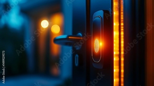 Fototapeta Smart door lock illuminated at night with blurred background lights.