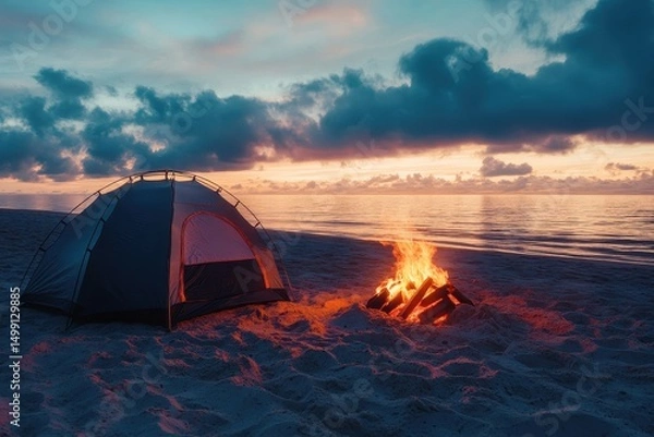 Fototapeta Cozy campfire glowing at sunset near a tent on a serene sandy beach with calm ocean waves in the background