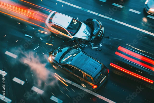 Fototapeta Collision of vehicles involved in major accident on city road with major damage, abstract vivid composition consists of fictional unreal fantastic vision on background