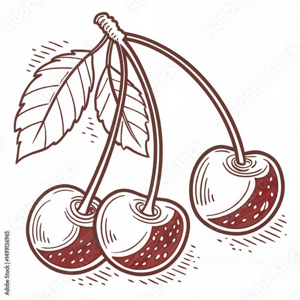 Obraz Cherries with stems in pencil line art style in black and white representing natural simplicity and botanical elegance