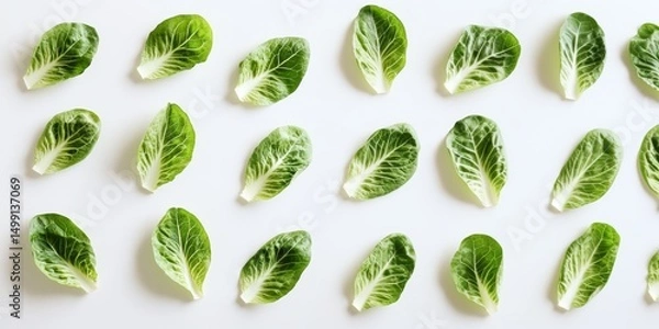 Obraz Crisp green lettuce leaves neatly positioned on pristine white surface, highlighting freshness, nutritional value, and minimalist culinary design