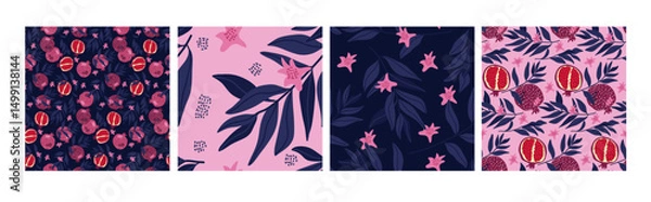 Fototapeta Pomegranate fruit with leaf prints. Seamless Pomegranate patterns. Set of four. Punica granatum. Fresh fruits Vector Summer Repeated background for textile, fabric, paper, wallpaper, packaging