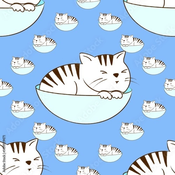 Fototapeta A fat cat sleeps in a bowl that is just the right size for him.