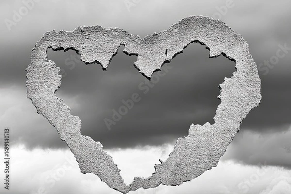 Fototapeta A heart-shaped hole in a textured gray surface, contrasting with a cloudy sky