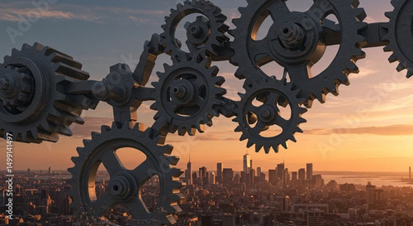 Obraz Interconnected Gears and Urban Landscape at Sunset Depicting Technological Advancement and City Infrastructure for Industry and Business Development